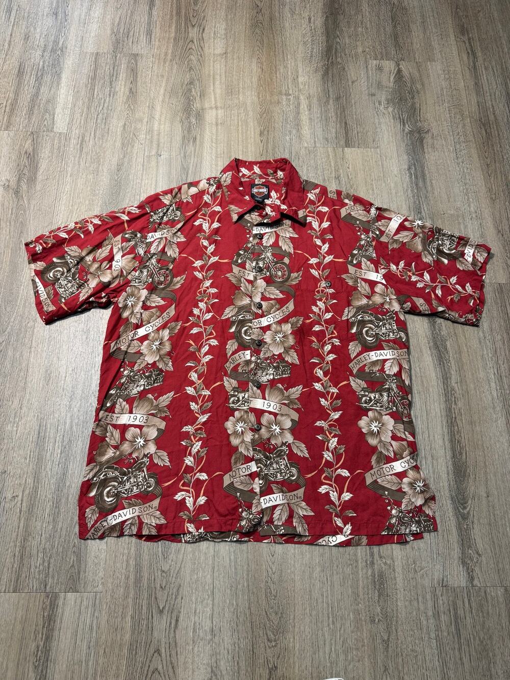 Harley Davidson Men's Red Floral & Motorcycle Short-Sleeve Button-Up Shirt